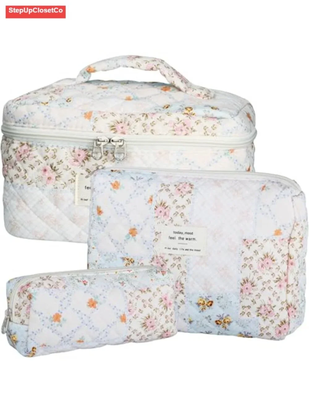 Quilted Cotton Makeup Bag Set - Floral Cosmetic Organizer for Travel